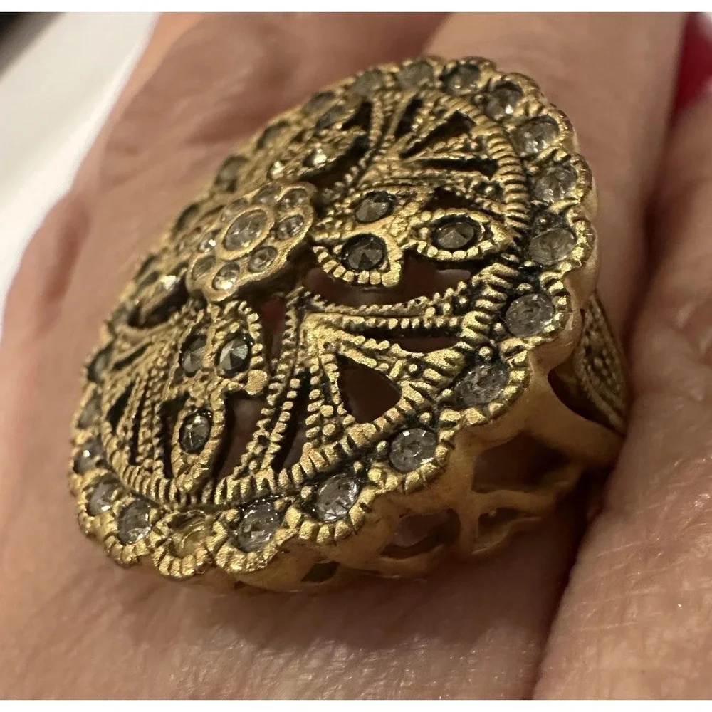 Filigree Shield Gold Tone CZ & Marcasite Rhinestone Cocktail Ring Sz 6 Statement